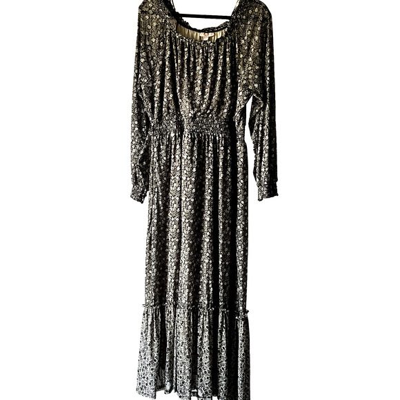 Maxi Dress SZ L Black Green Cottagecore Peasant Prairie Boho Long Sleeve Tiered - Picture 1 of 10